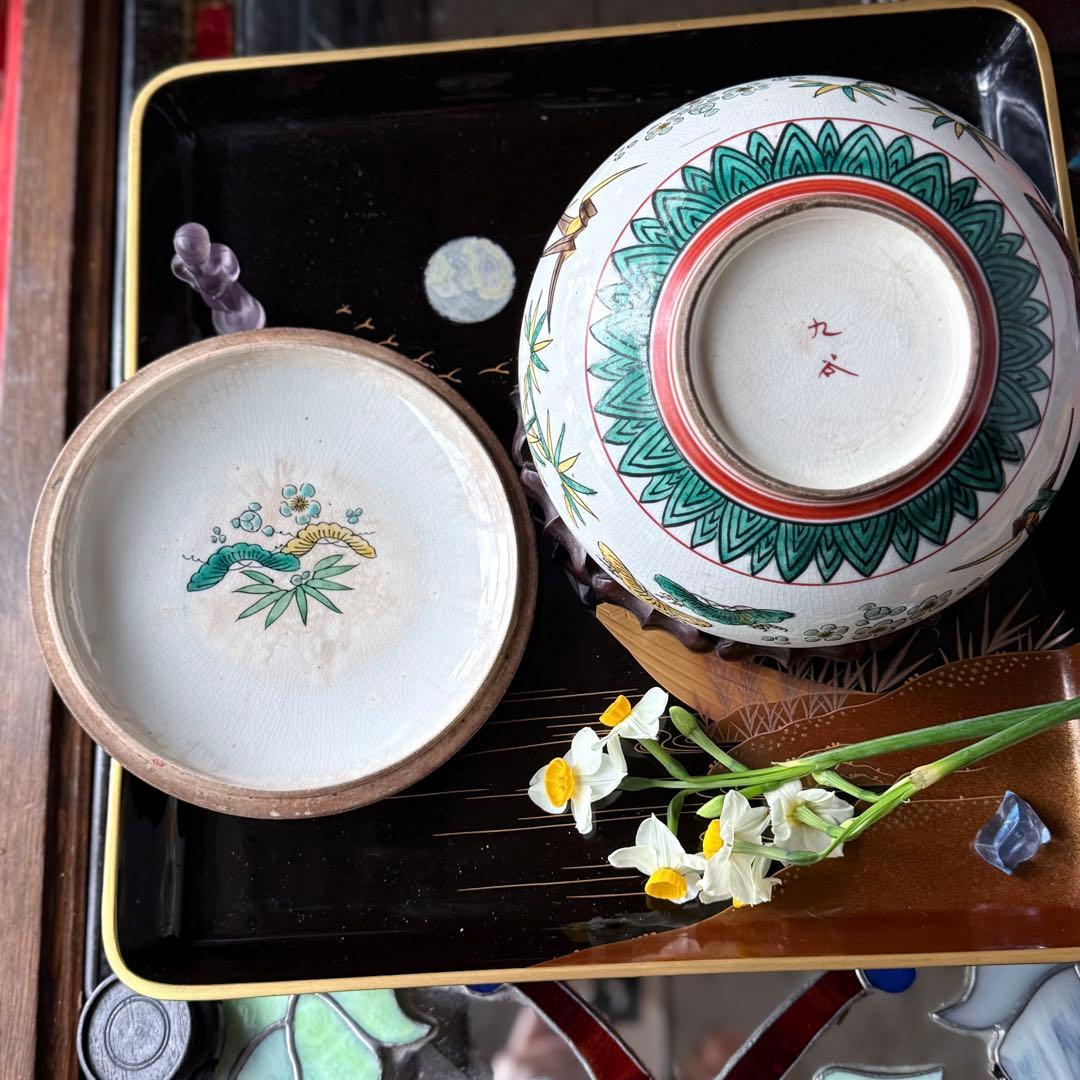 T様へ感謝お嫁入り‼️九谷焼KUTANI あじさい❌鶴❌松　蓋もの食籠作り置き