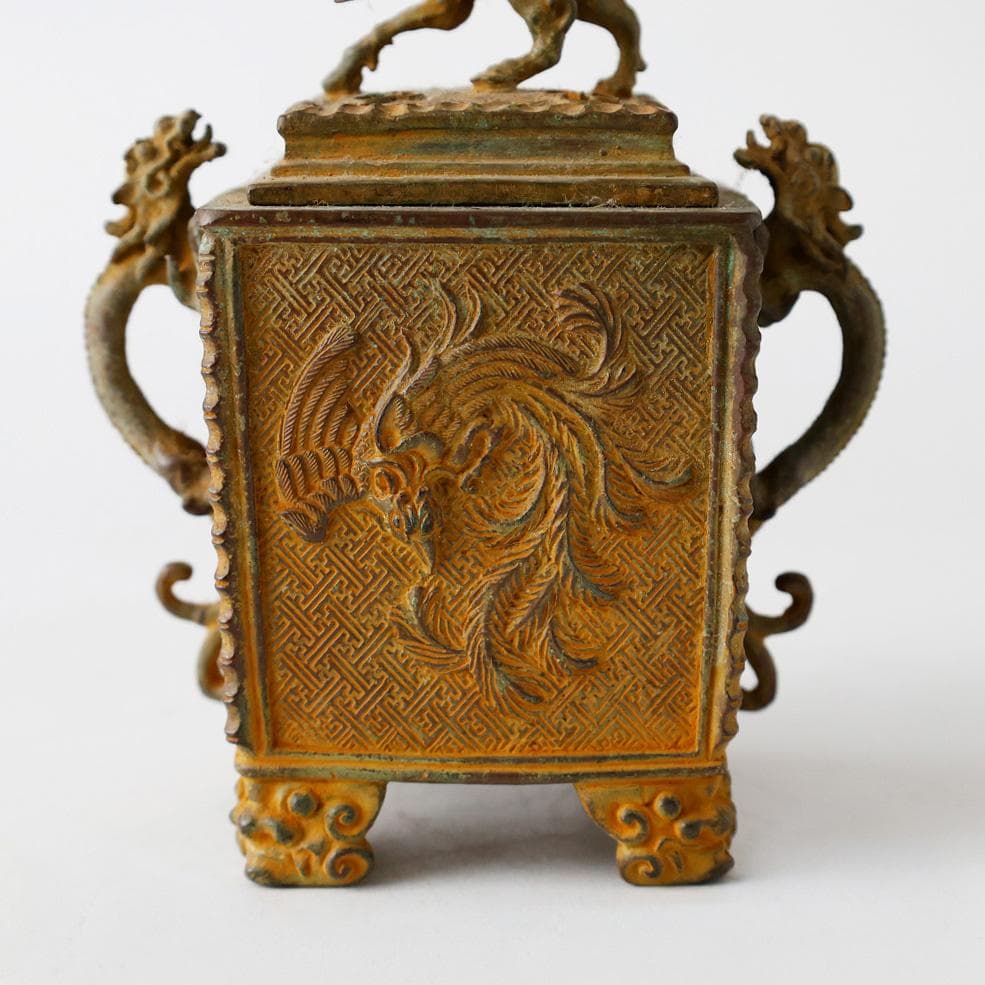 金工師 香保 造 鋳銅香炉 銅器獅子火屋龍耳 鳳凰 龍文