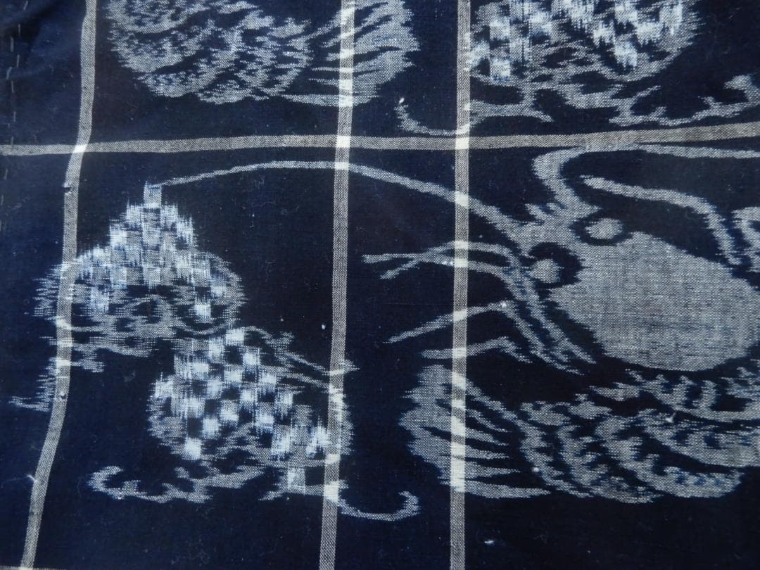 木綿・明治期・松に海老・山陰絣・4巾・たてよこ絣織・手織藍染品