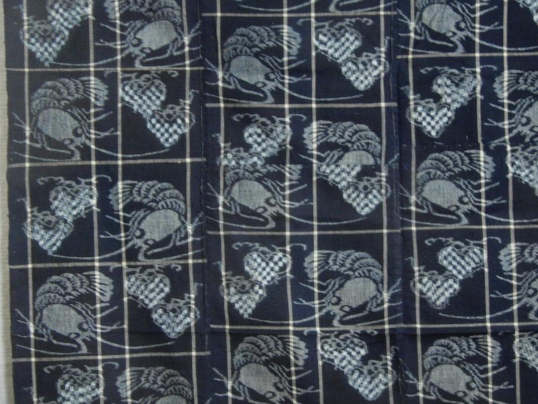 木綿・明治期・松に海老・山陰絣・4巾・たてよこ絣織・手織藍染品