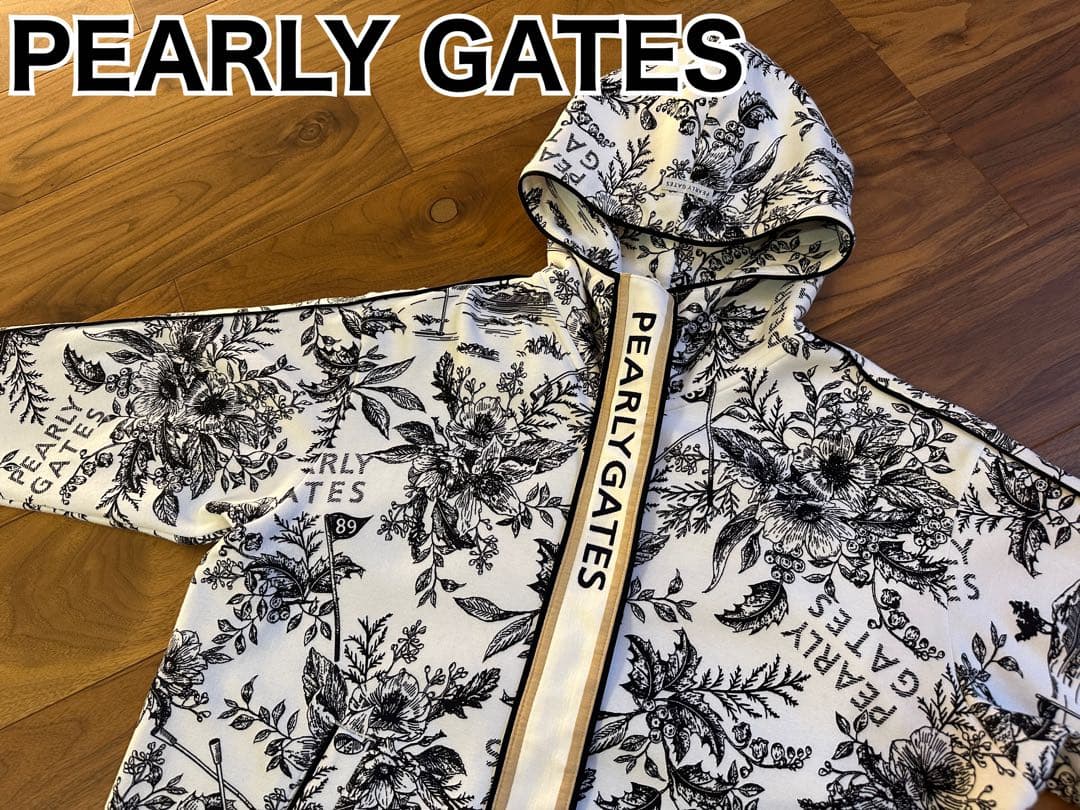 パーリーゲイツ　花柄ジップパーカー　フーディ　サイズ１　ホワイト　レディース