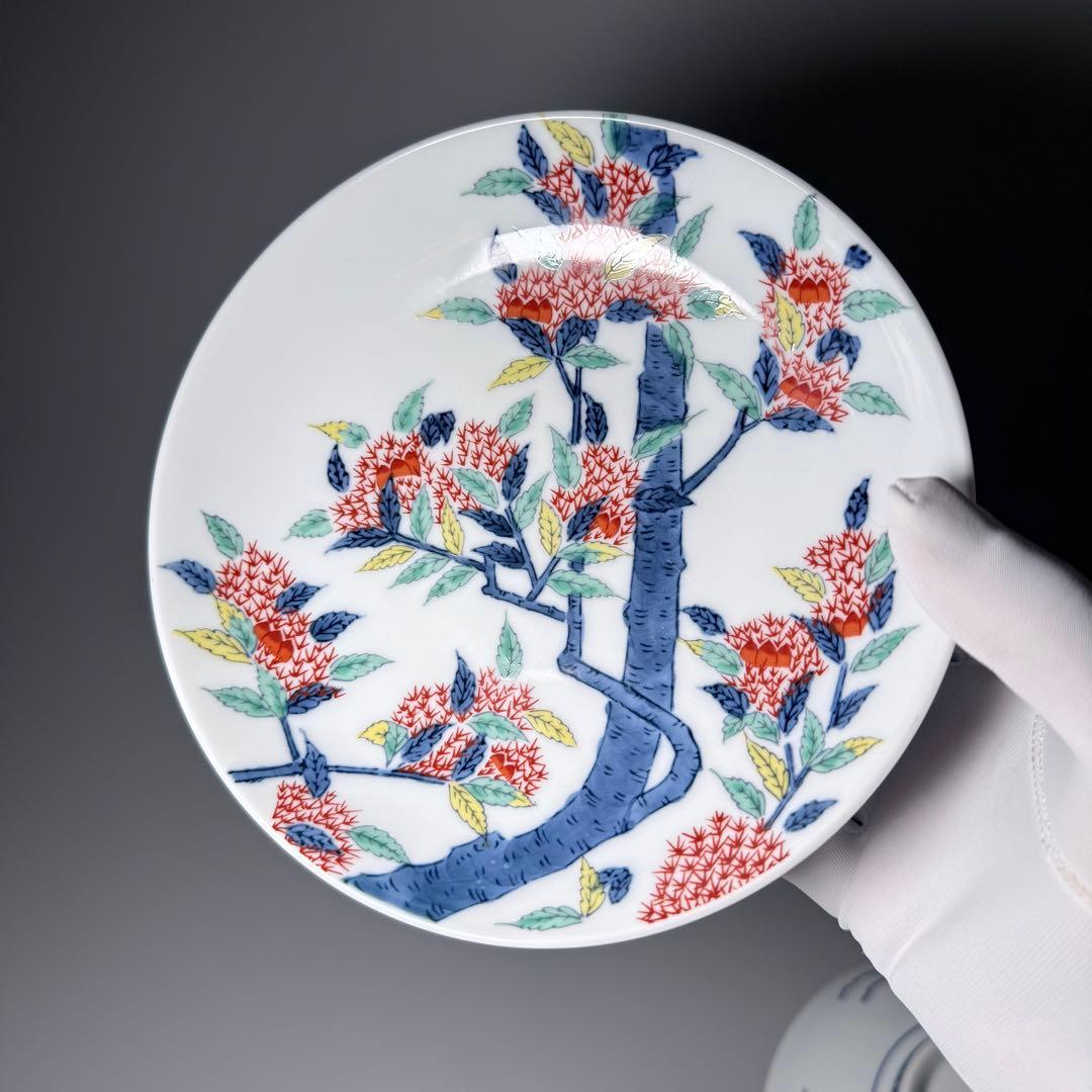 有田焼　鍋島様式　彩雲作　色鍋島栗文様高台皿　五枚揃い　共箱　直径17.5cm