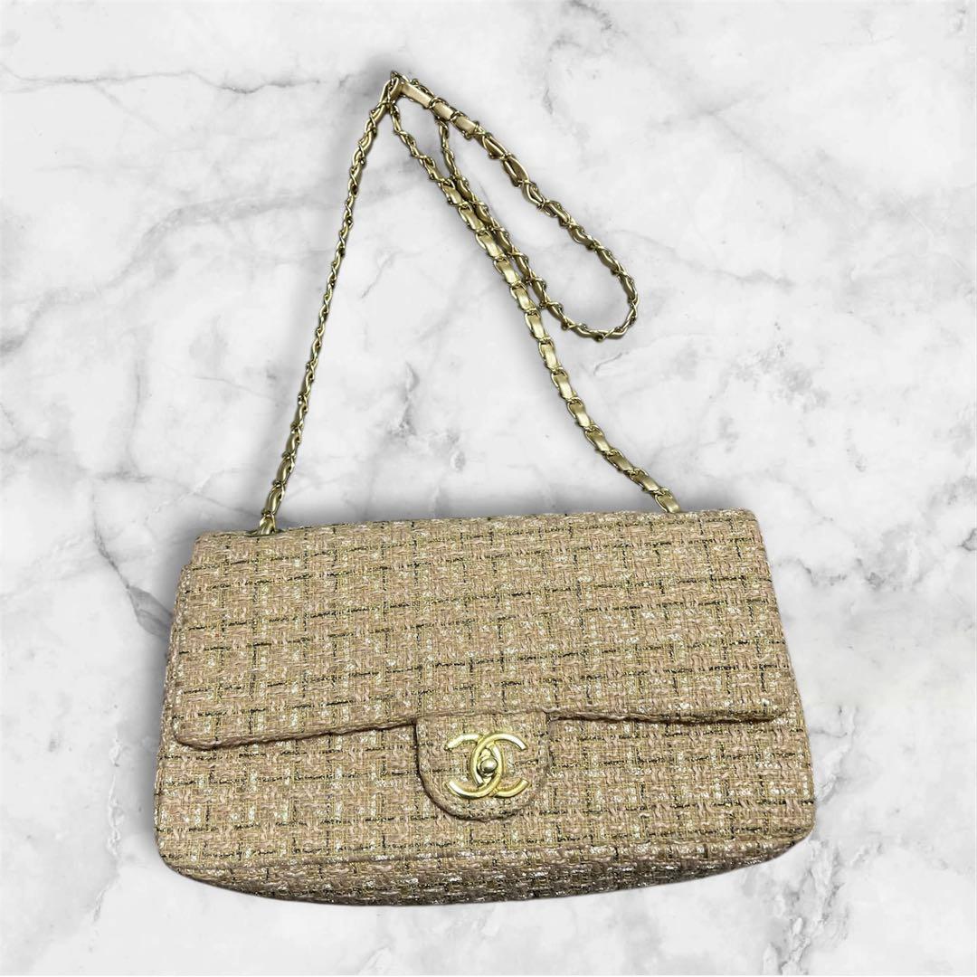 2/5まで限定出品　キルティング　ショルダー　ツイードバッグ　ベージュ　ゴールド