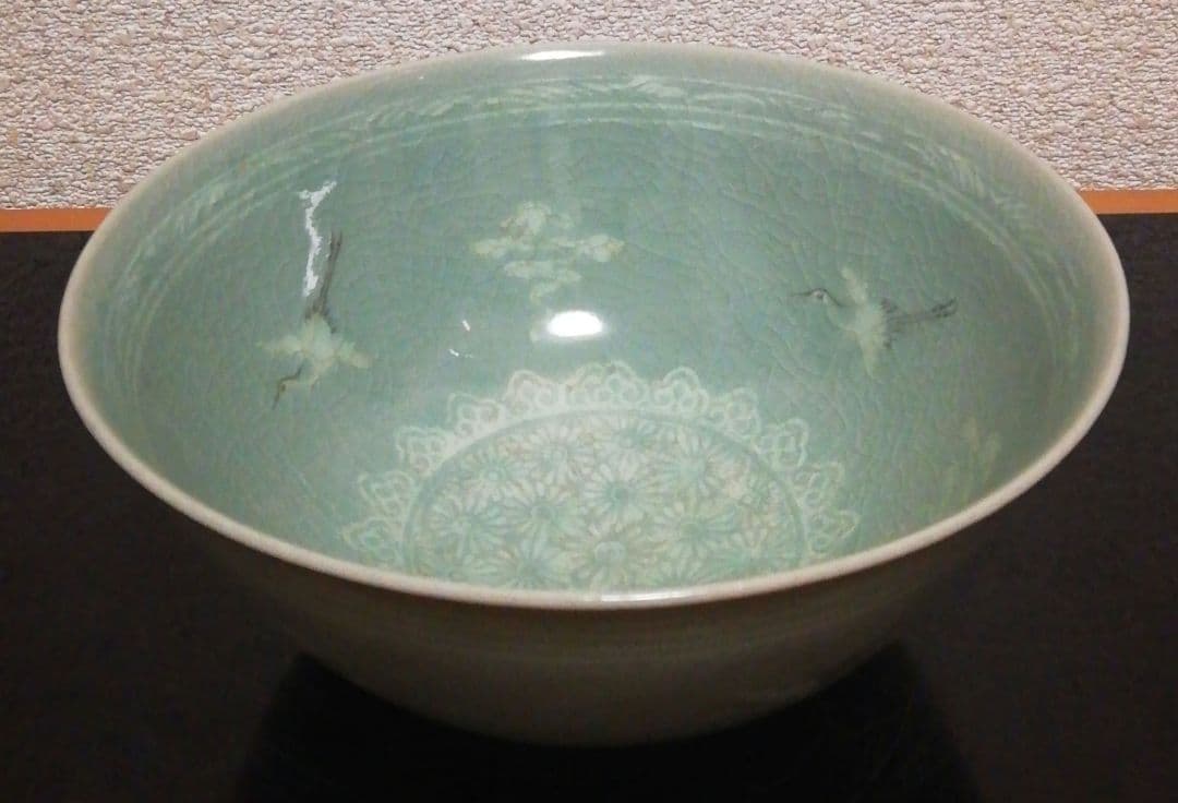 人間国宝　柳海剛作　青磁　鶴図　茶碗　共箱　茶道具