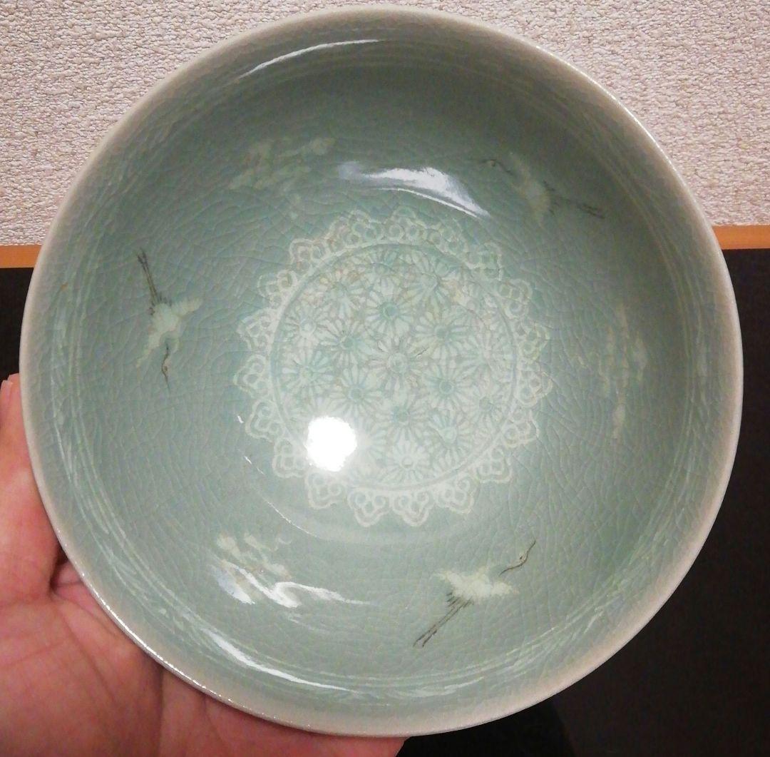 人間国宝　柳海剛作　青磁　鶴図　茶碗　共箱　茶道具