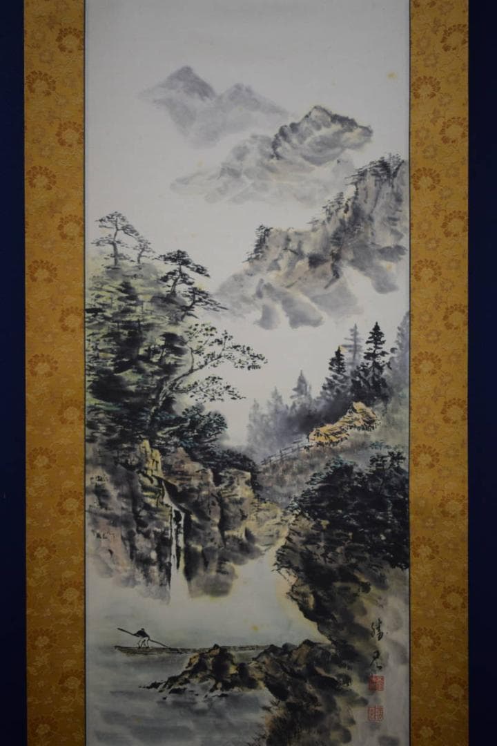 真作/高田勝風/山水人物筏図/彩色山水図/人物/布袋屋掛軸HJ-876