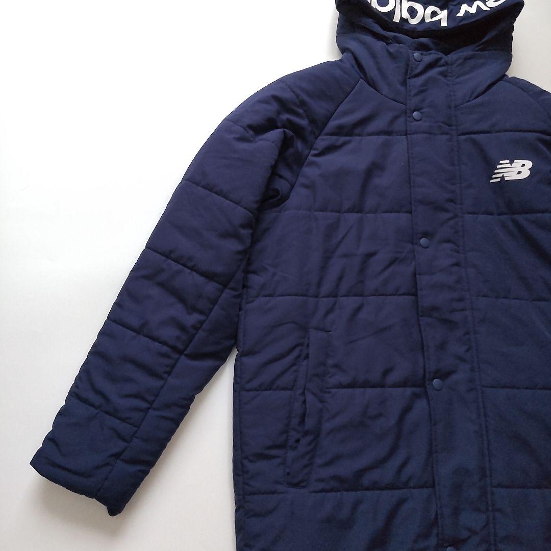 美品 ニューバランス フード ロゴ ロング ベンチコート ジャケット ネイビーM