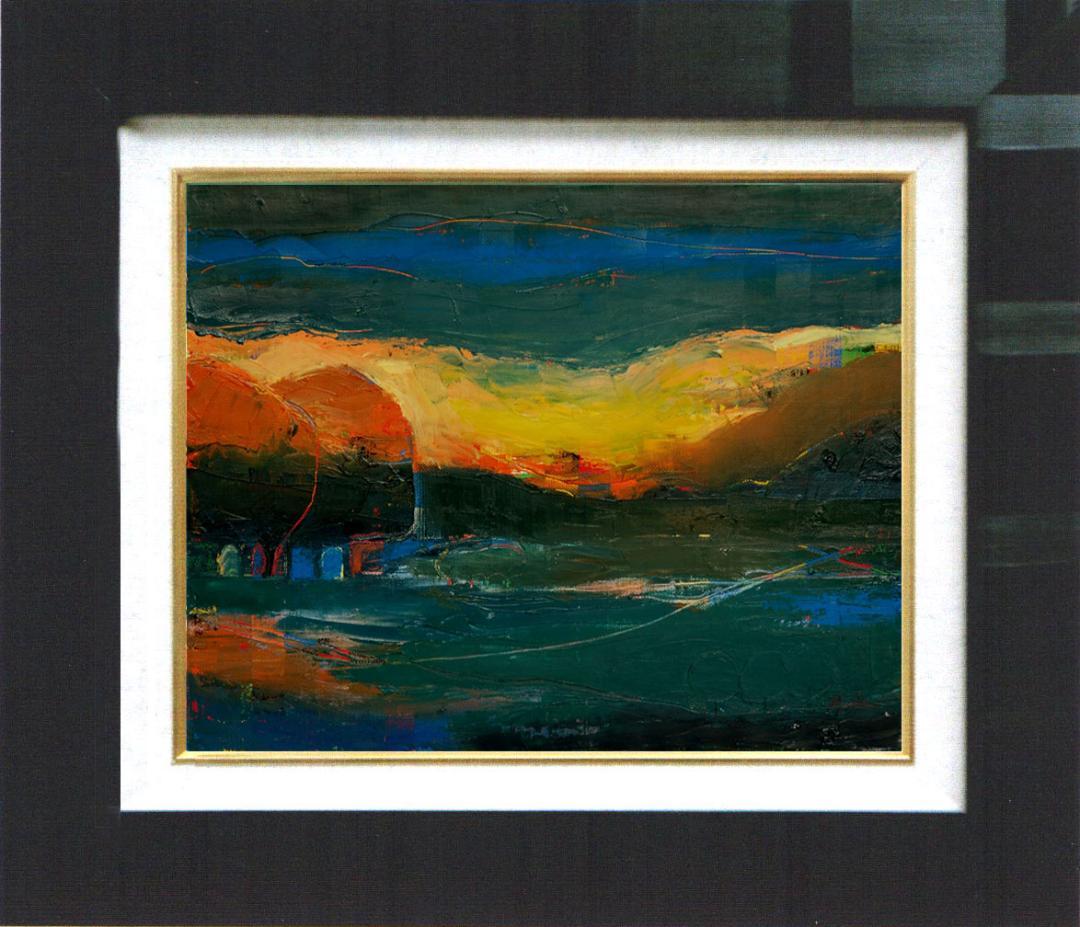 油絵 菅家令子 絵 絵画インテリア額付(銀) F4-072212 風景 夕陽朝陽