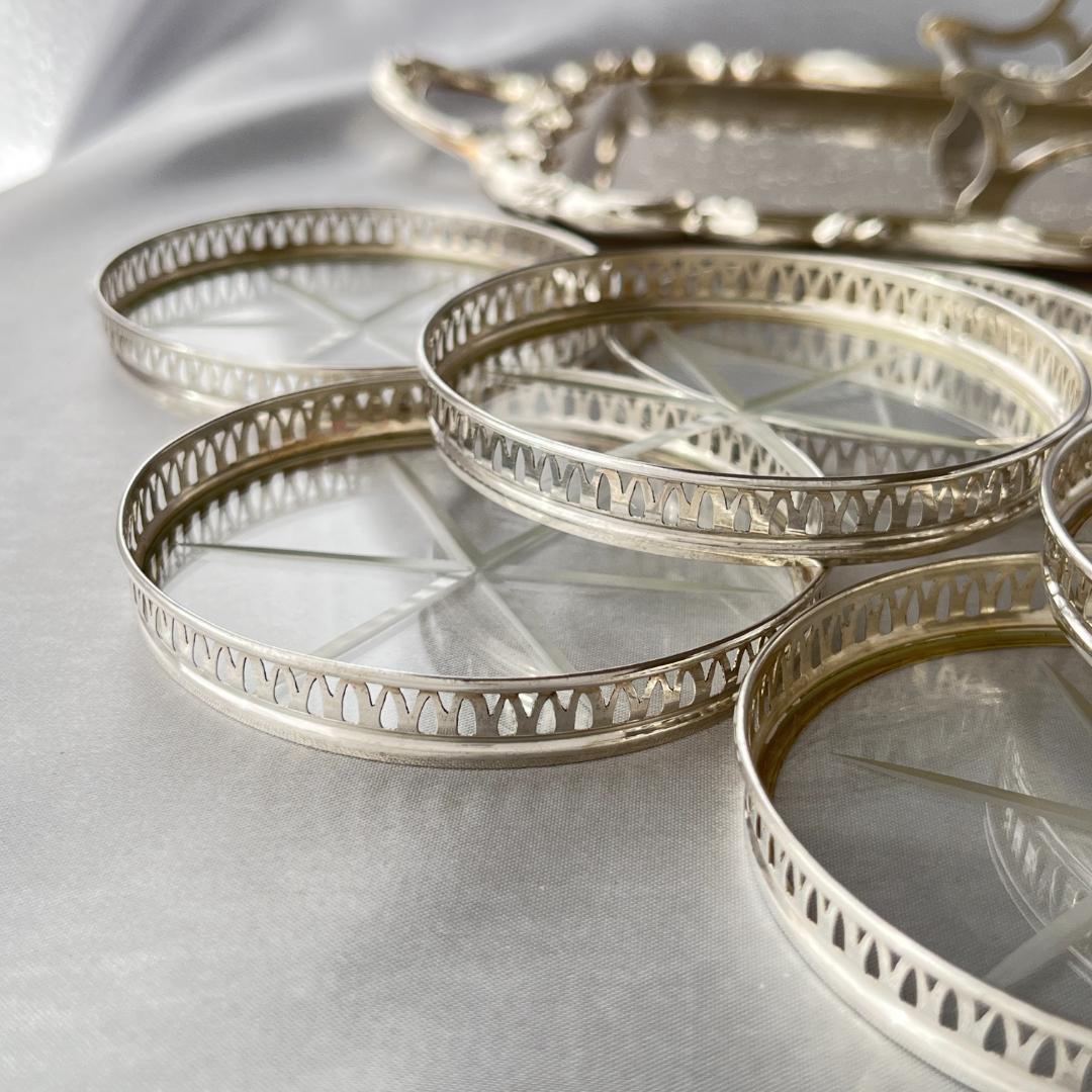 【純銀/ガラス】ワイングラスコースター 8枚 / ホルダー スターリング