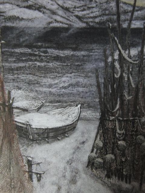 大矢十四彦、【雪の浜】、希少な額装用画集より、状態良好、新品額装付