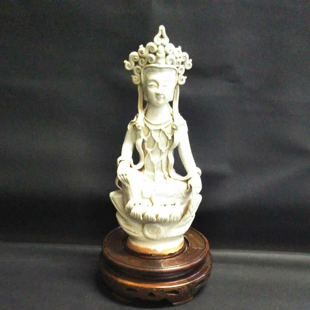 ※中国古美術/明代/青白磁聖観音菩薩座像/