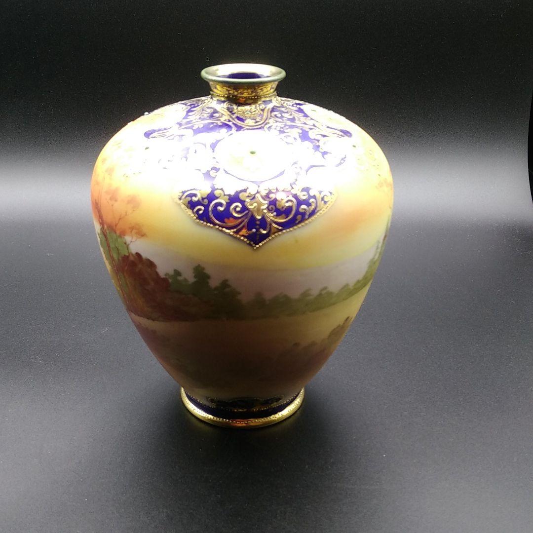 オールドノリタケ カントリーロード コバルト 金盛りジュール花瓶 メイプルリーフ