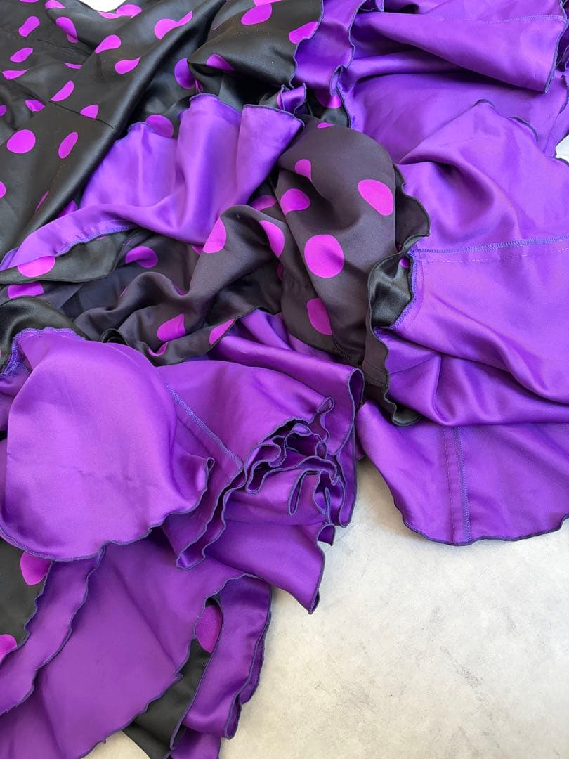 フラメンコ 衣装 フロッキー水玉模様 二重 大判フリル ワンピース ドレス