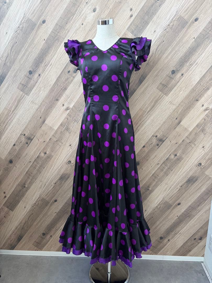 フラメンコ 衣装 フロッキー水玉模様 二重 大判フリル ワンピース ドレス