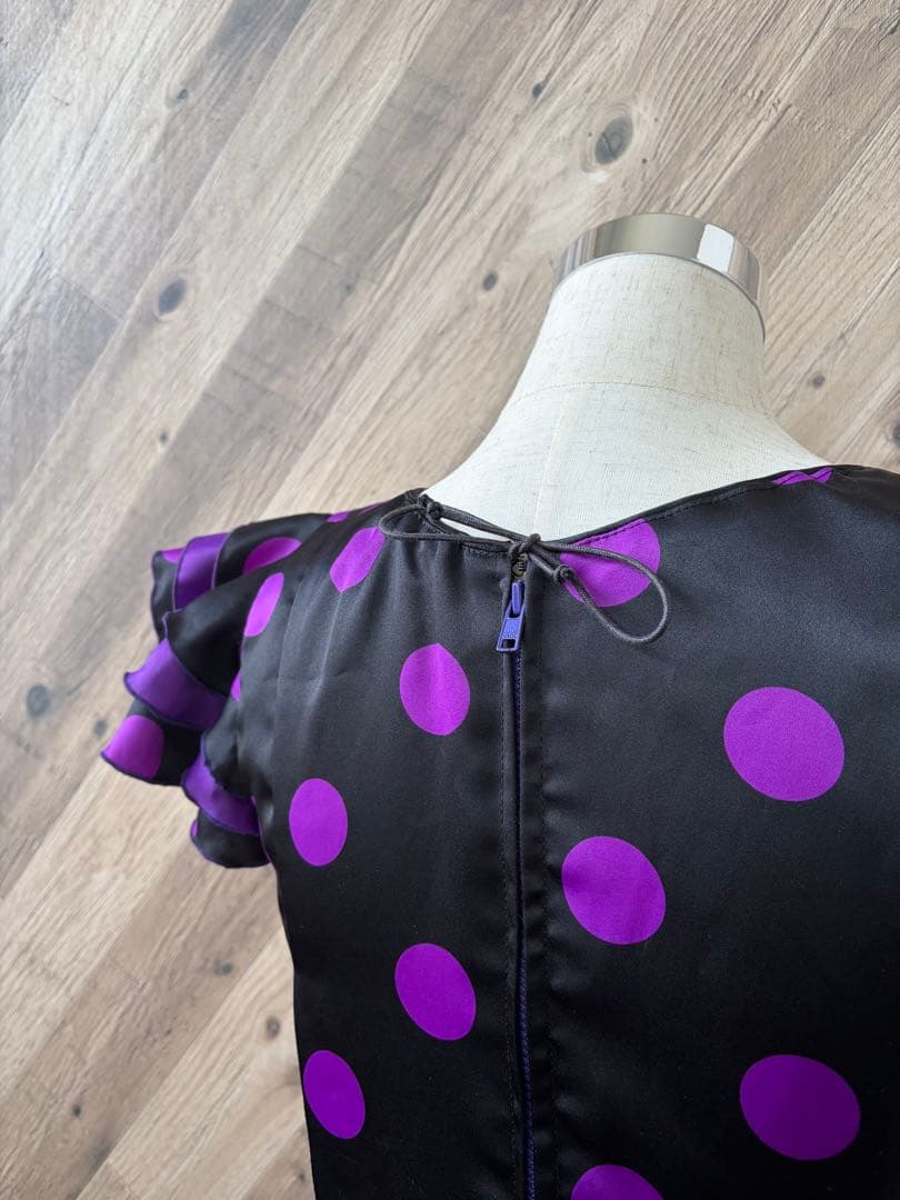 フラメンコ 衣装 フロッキー水玉模様 二重 大判フリル ワンピース ドレス