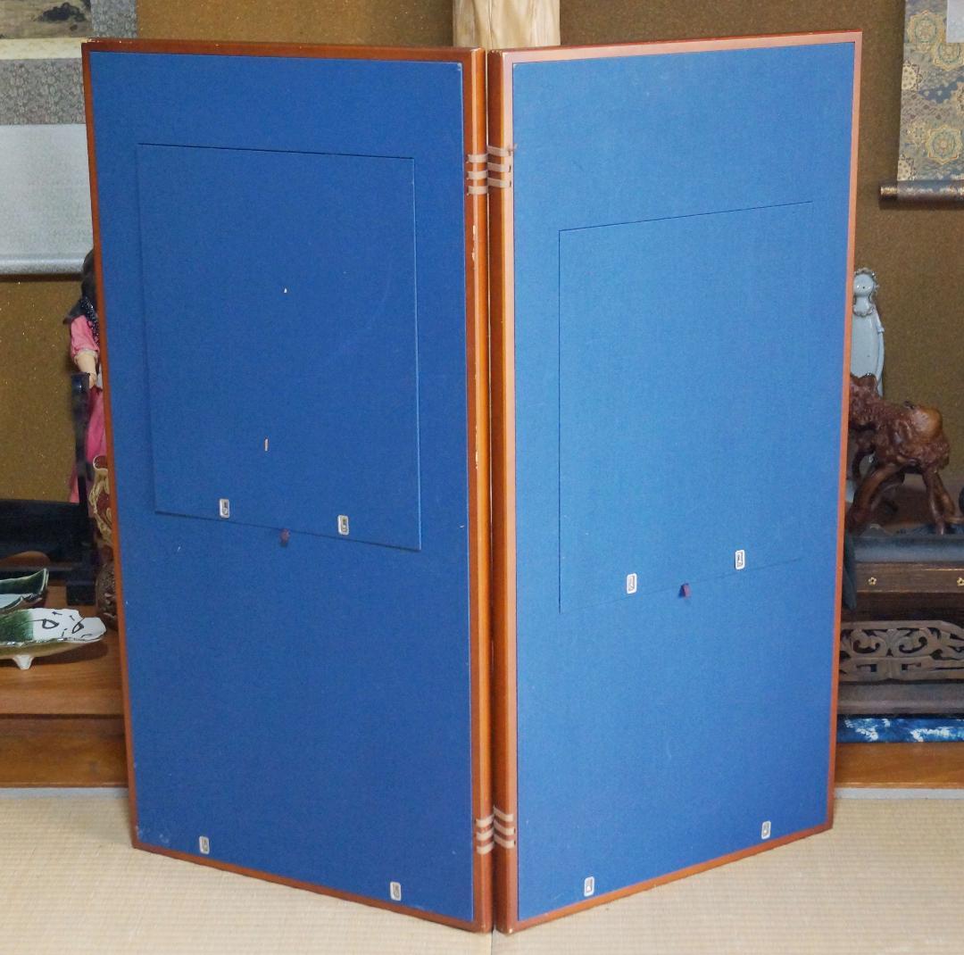 茶道具 二曲屏風 貼り絵『丹頂鶴花鳥図』 日本画 絵画 屏風★時代物★