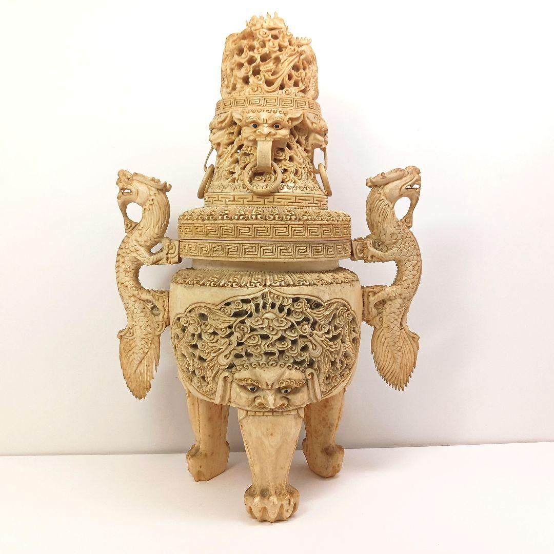 Y958-2 高級彫刻 細密造 龍細工 獅子香炉 重量1262.2g 高さ29㎝