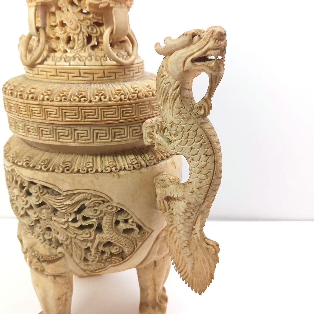 Y958-2 高級彫刻 細密造 龍細工 獅子香炉 重量1262.2g 高さ29㎝