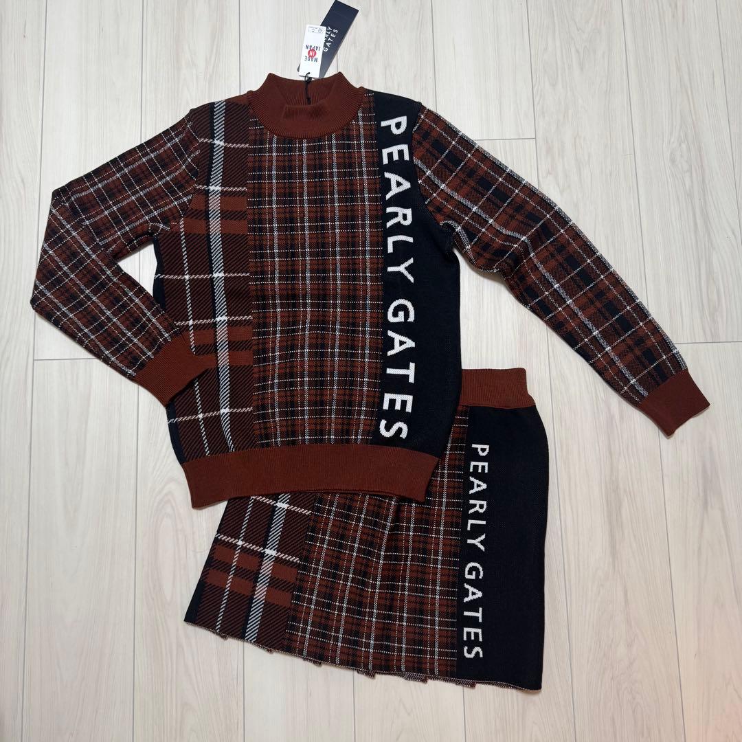 新品 パーリーゲイツ セットアップ マルチチェック柄 ニット 長袖 スカート 0