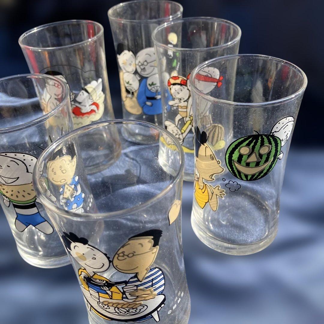 (482)サザエさんキャラクターイラスト付きガラスグラス6個セット
