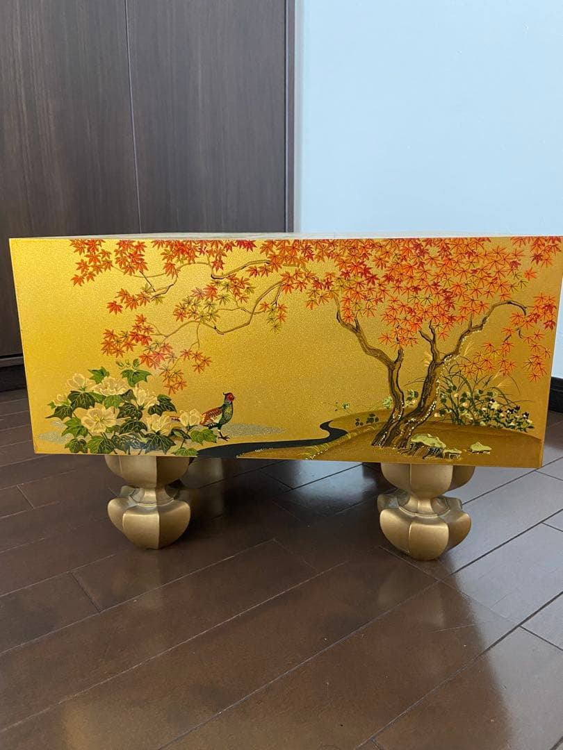 極上品 日本画家 野畑直子作 金地漆絵四季花鳥図碁盤 （囲碁）