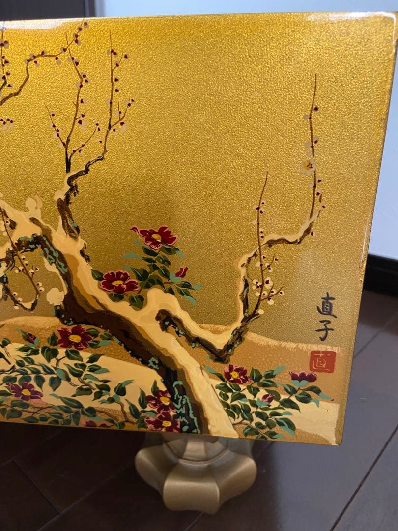極上品 日本画家 野畑直子作 金地漆絵四季花鳥図碁盤 （囲碁）