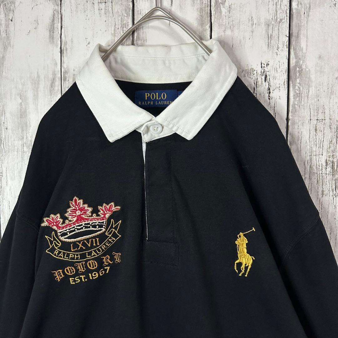 【ポロラルフローレン】ラガーシャツ☆ブラック　ゴールド☆刺繍☆ビッグポニー☆XL