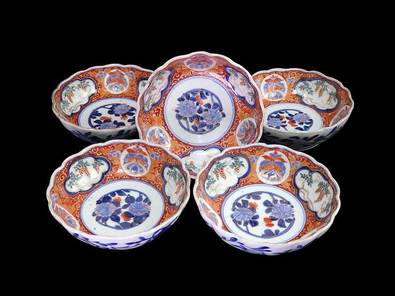 古伊万里　色絵 窓絵　藤に蝶　菊の図　膾皿　５客　C202AS-CWv