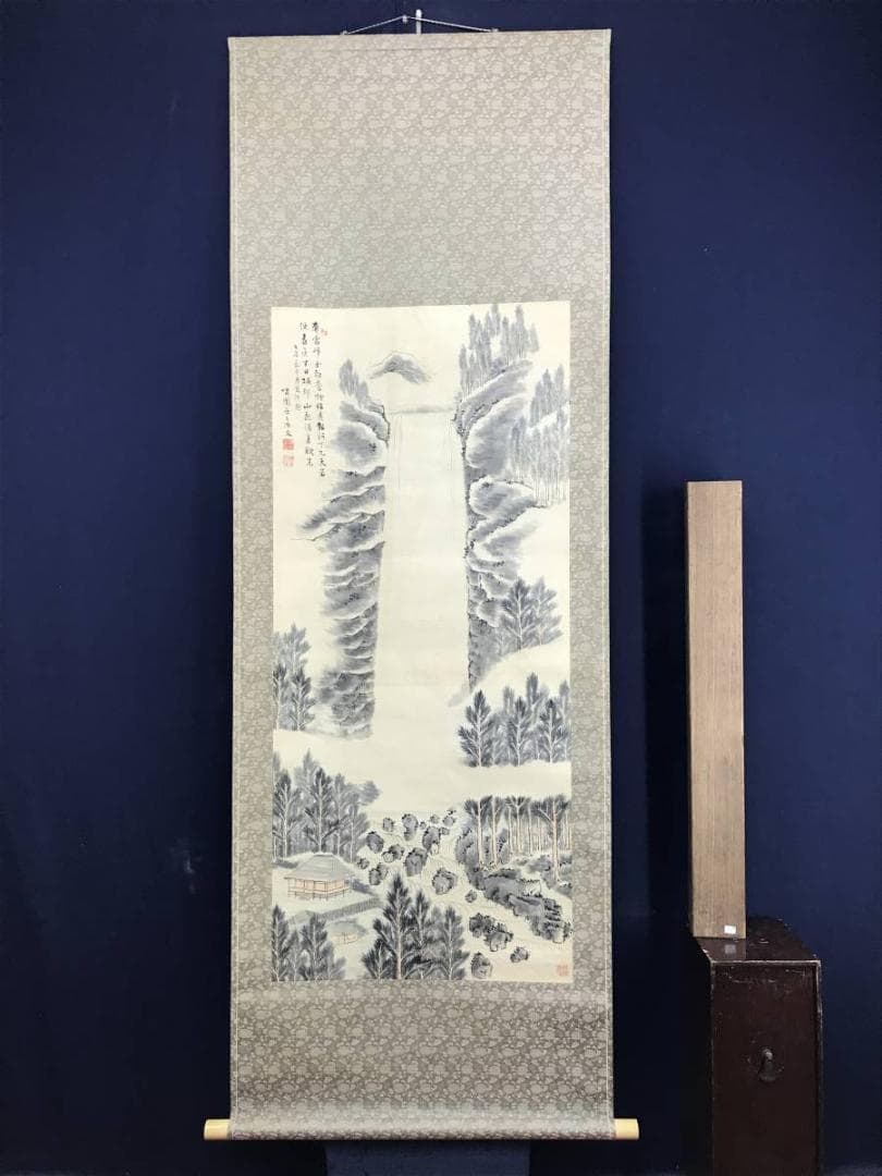 真作/嘯園/しょうえん/滝山水画賛/滝山水図/瀑布図/掛軸☆宝船☆AE-268