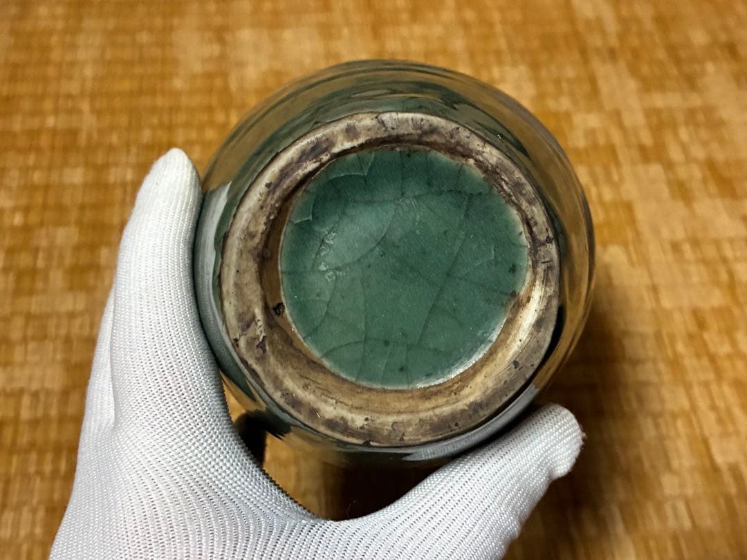 中国 高麗 朝鮮 青緑色 貫入 壺 花入 唐物