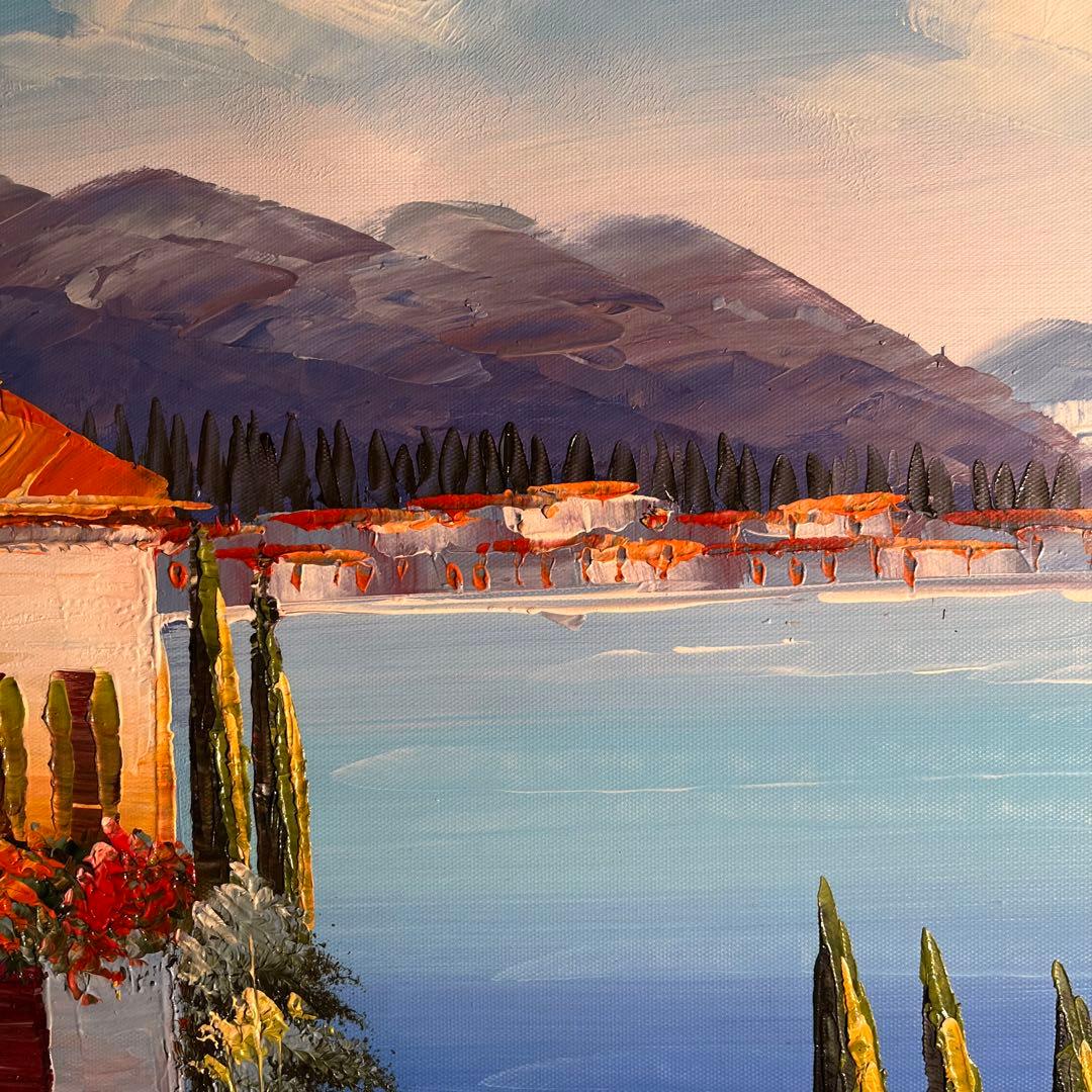 手書き油絵 地中海の風景 額付 肉筆絵画 インテリア 油彩画