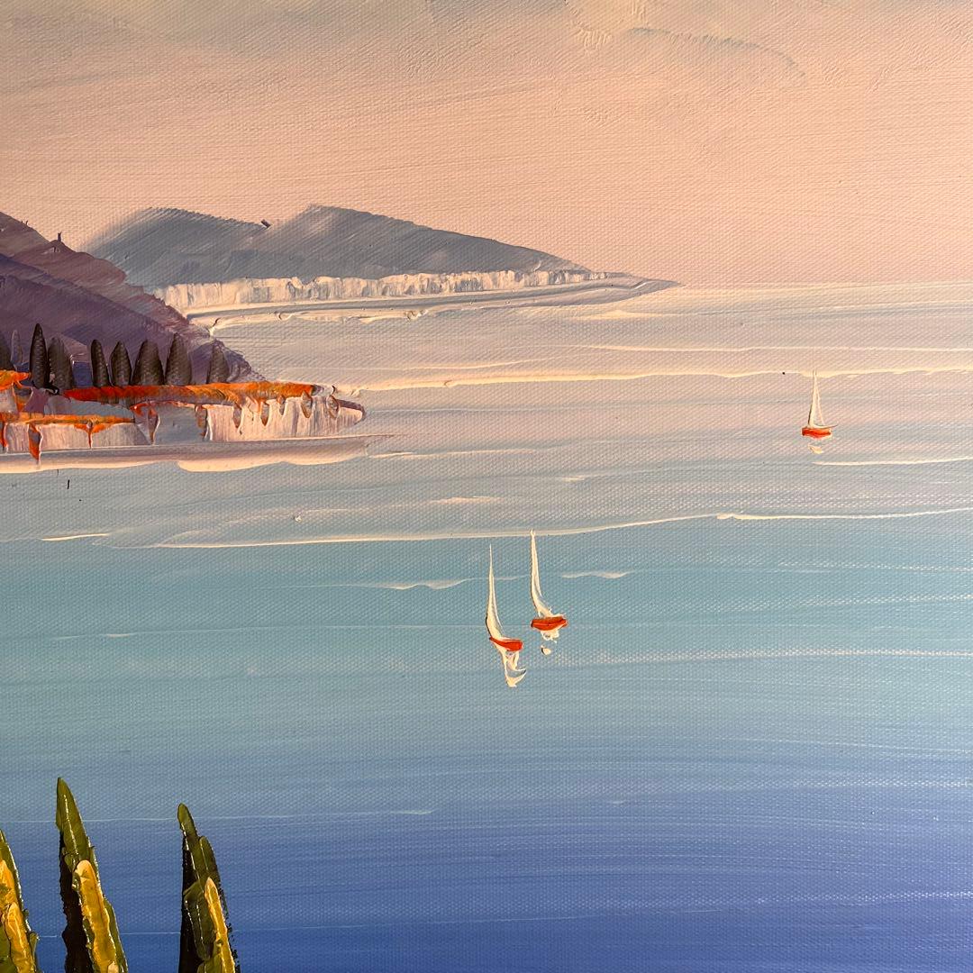 手書き油絵 地中海の風景 額付 肉筆絵画 インテリア 油彩画