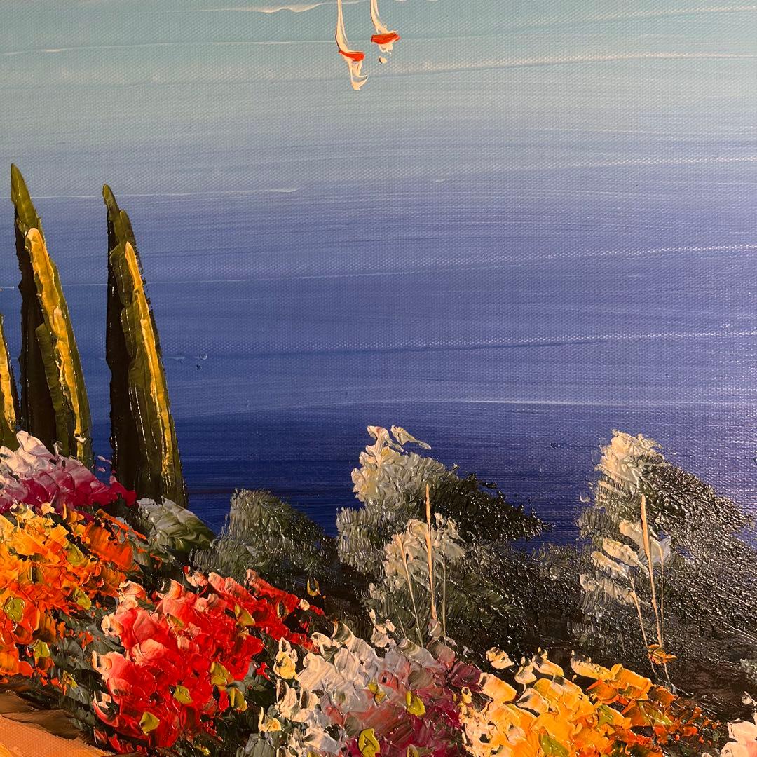 手書き油絵 地中海の風景 額付 肉筆絵画 インテリア 油彩画