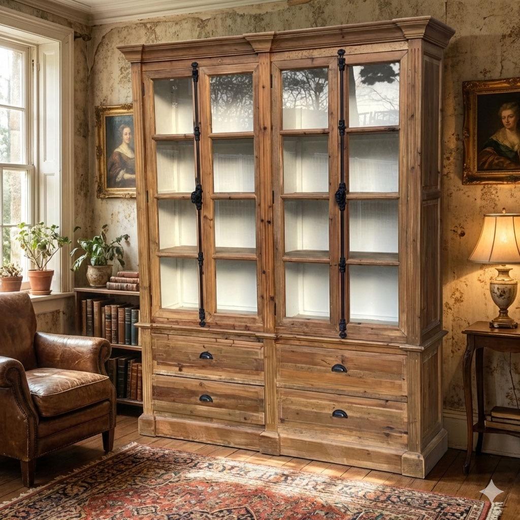 ビンテージ　ガラスキャビネット　大型カップボード　ブックケース　古材