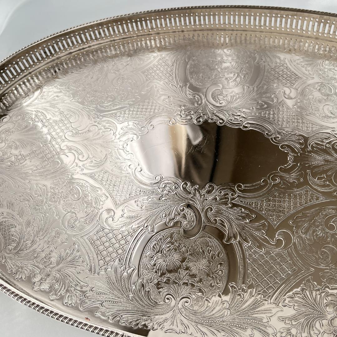 【英国】 ギャラリートレー オーバル型 45cm 【シルバープレート】大盤