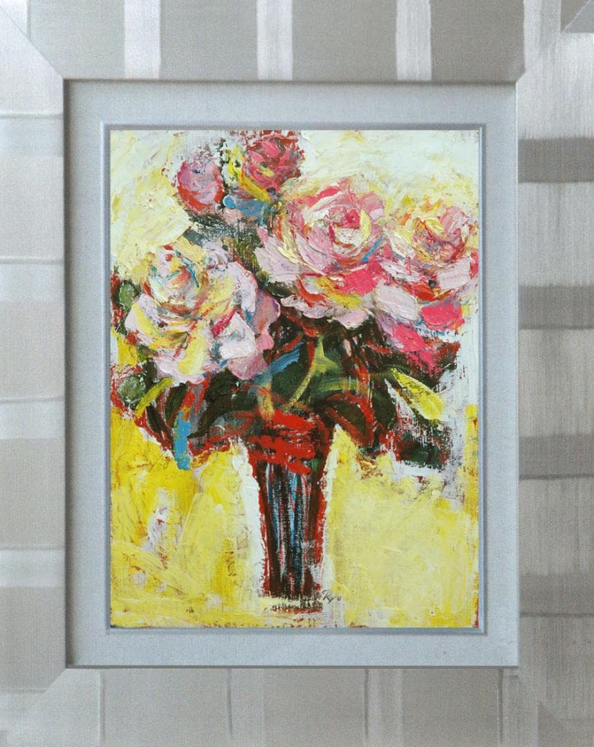 油絵 菅家令子 絵 絵画インテリア (青緑＋金色の枠) F4-070202 ばら