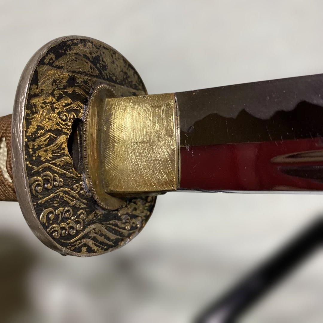 模造刀(居合刀)下緒無し 茶柄 鶴と波絵角丸鍔