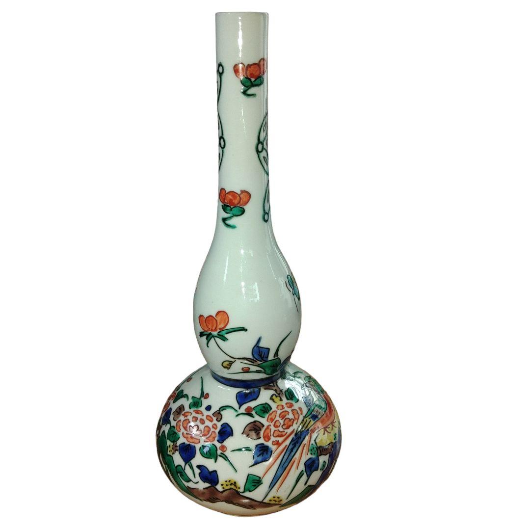 九谷焼　角福　鳥草花文瓢箪形花瓶