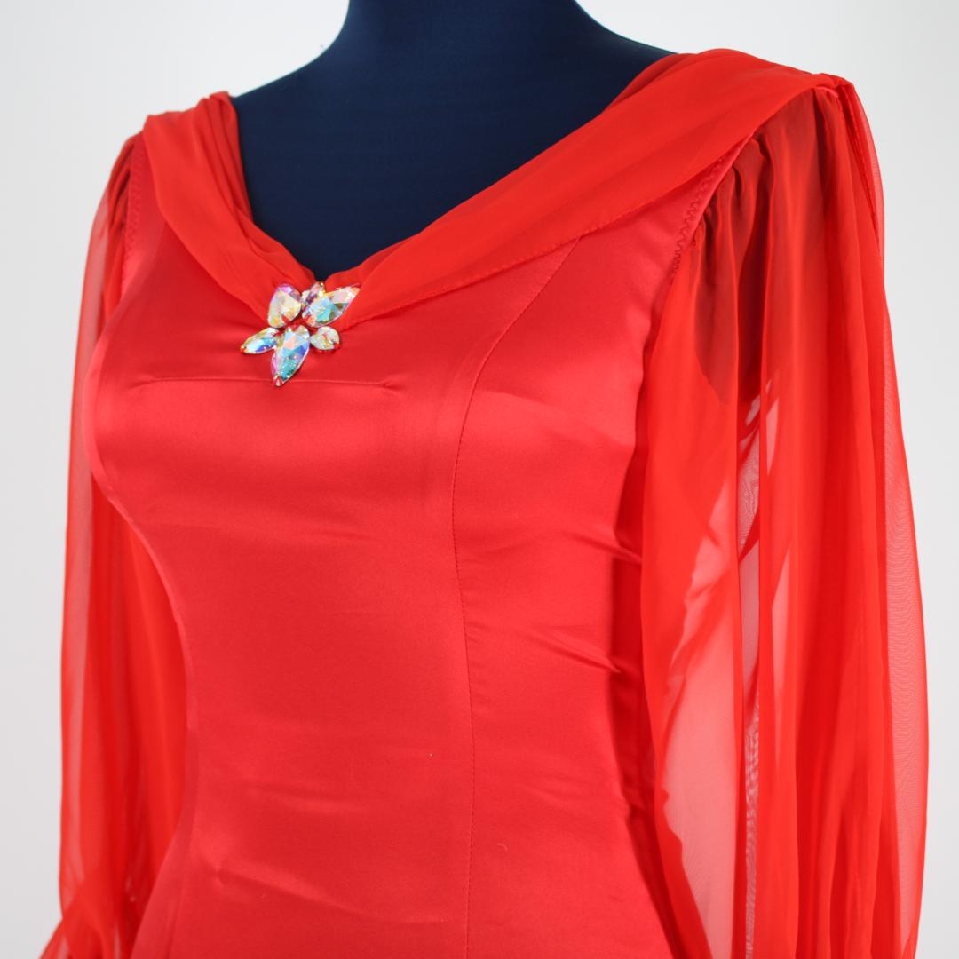 【美品 社交ダンス衣装】レッド ワンピース ドレス ラインストーン レース 袖