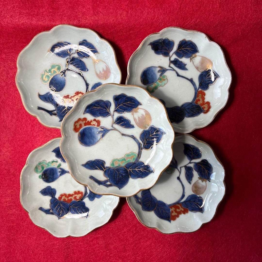 古伊万里　色絵　茄子文　小皿　5枚組