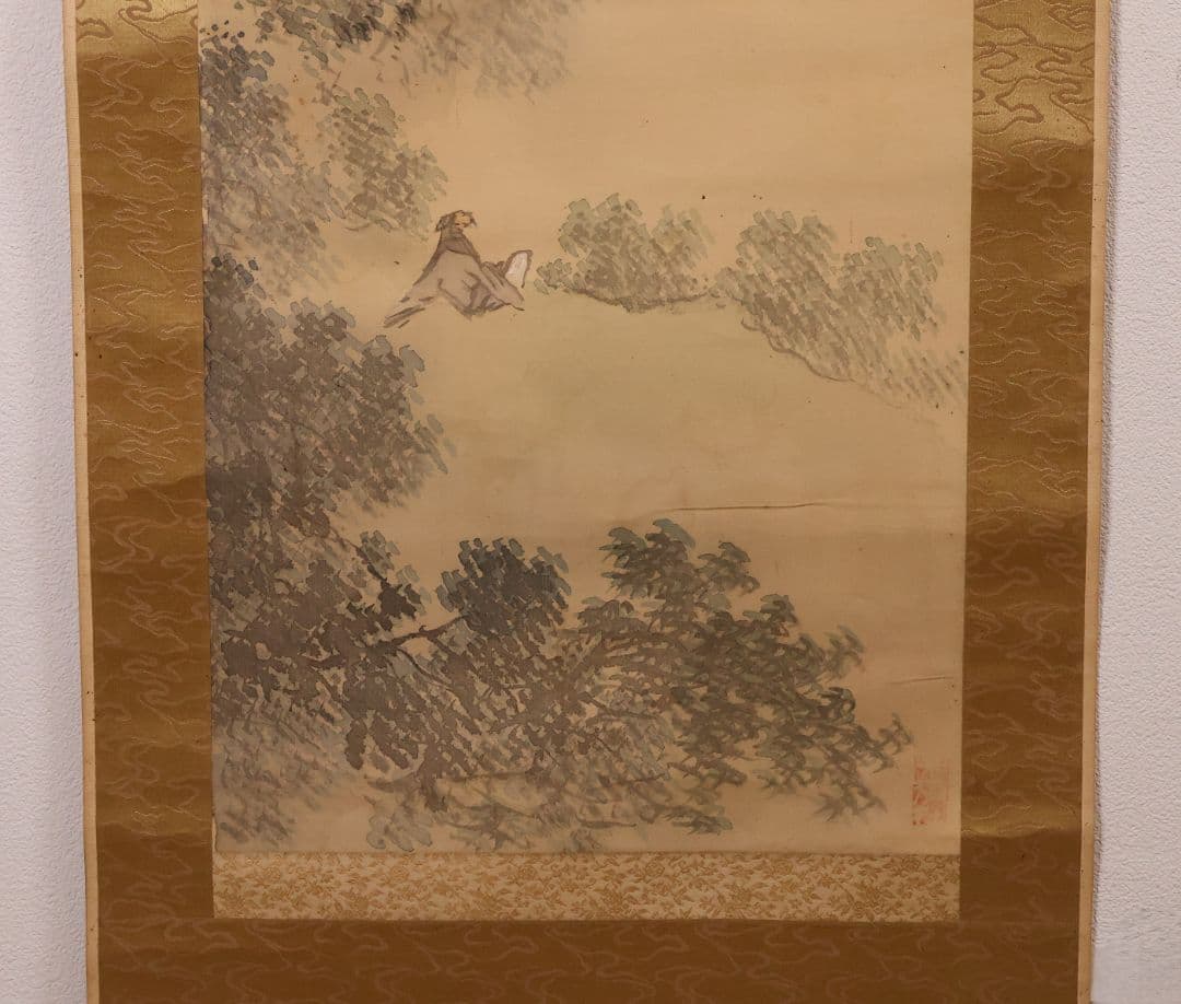 【模写】松雲山人 飛瀑図 滝 人物 山水 絹本 掛軸 彩色 MB130