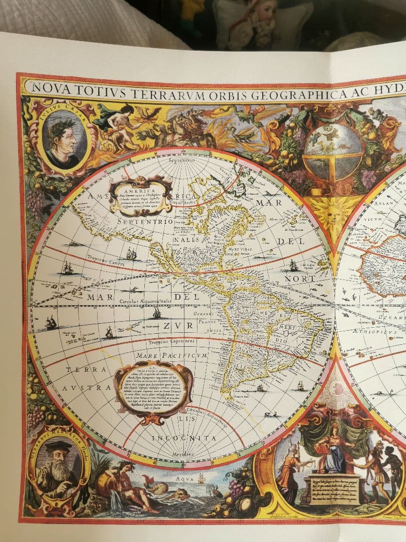 アンティーク ドイツ ローゼル 1641年の世界地図復刻 四元素 版画風印刷紙