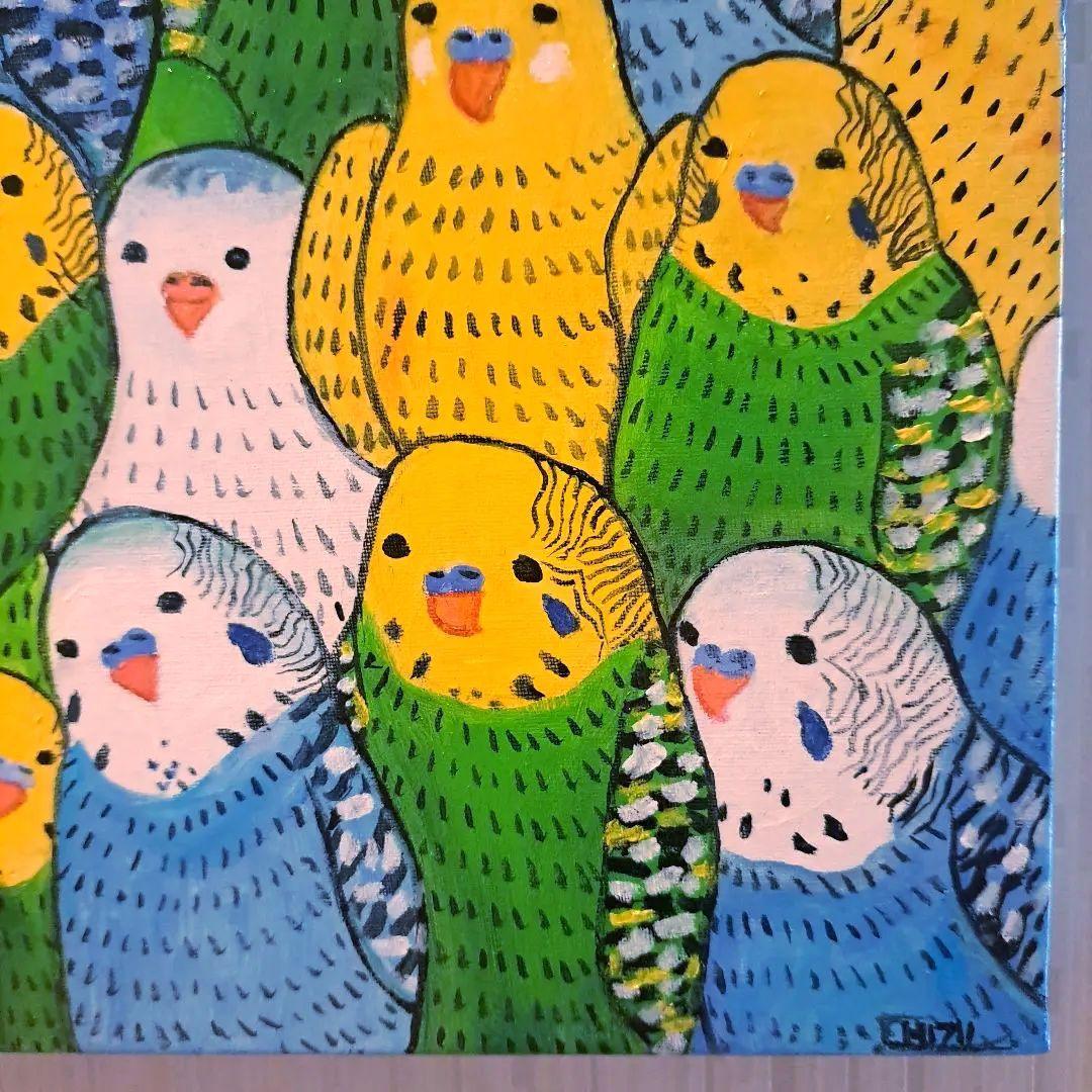 キャンバス油絵　専用　仲良く集まるカラフルかわいいインコたち
