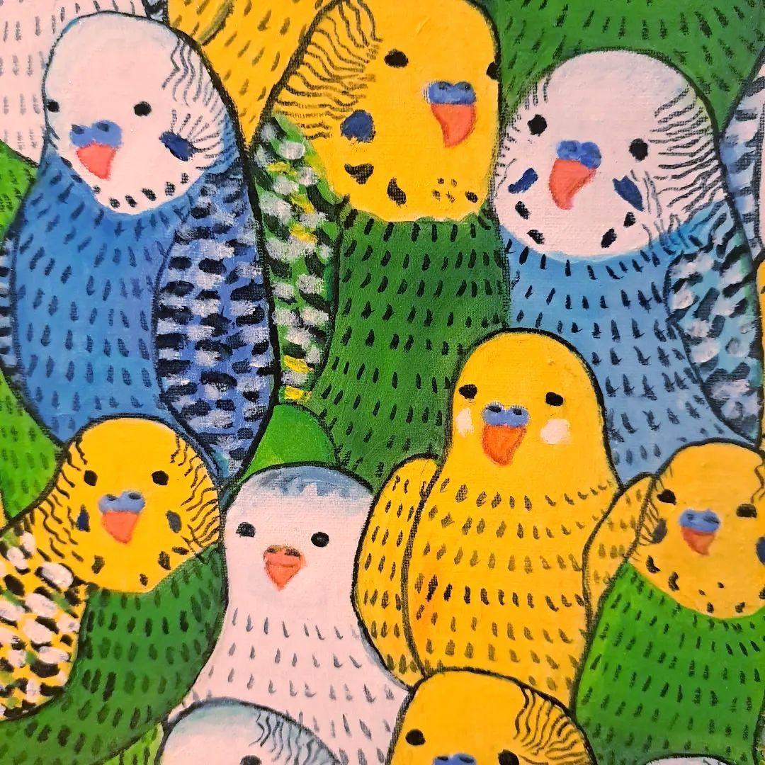 キャンバス油絵　専用　仲良く集まるカラフルかわいいインコたち