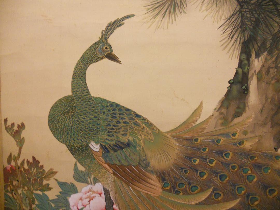 掛け軸 奥谷秋石 花鳥図 孔雀 絹本 細密画 巨匠大作 希少 軸装 茶道具 掛軸