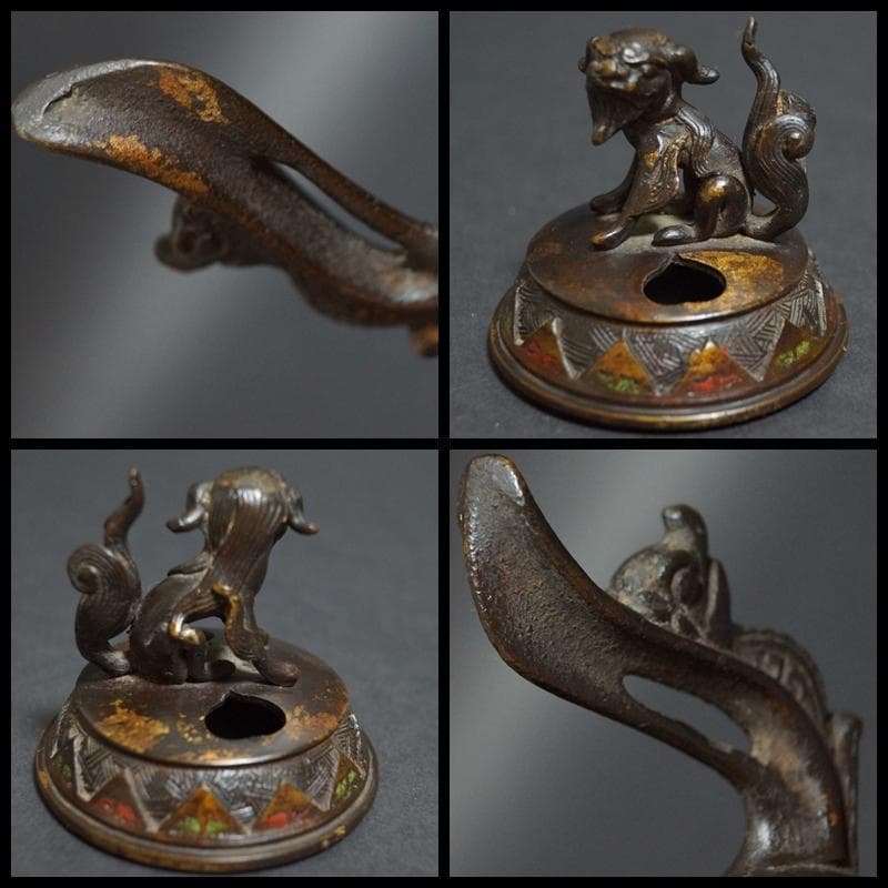 明治期 銅製 七宝焼金工細工『花唐草文』香炉 塗金 双耳透かし蓋 獅子摘 茶道具