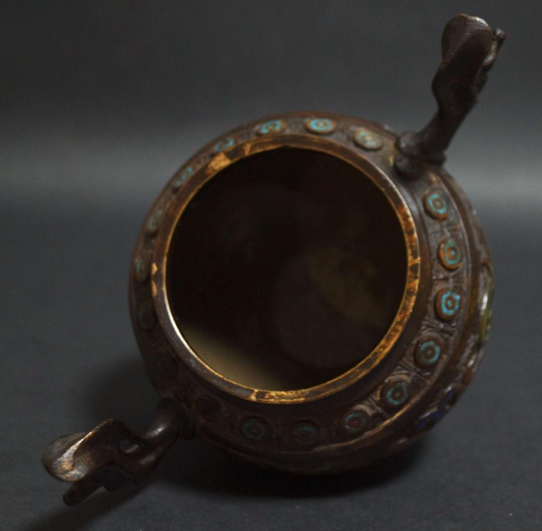 明治期 銅製 七宝焼金工細工『花唐草文』香炉 塗金 双耳透かし蓋 獅子摘 茶道具