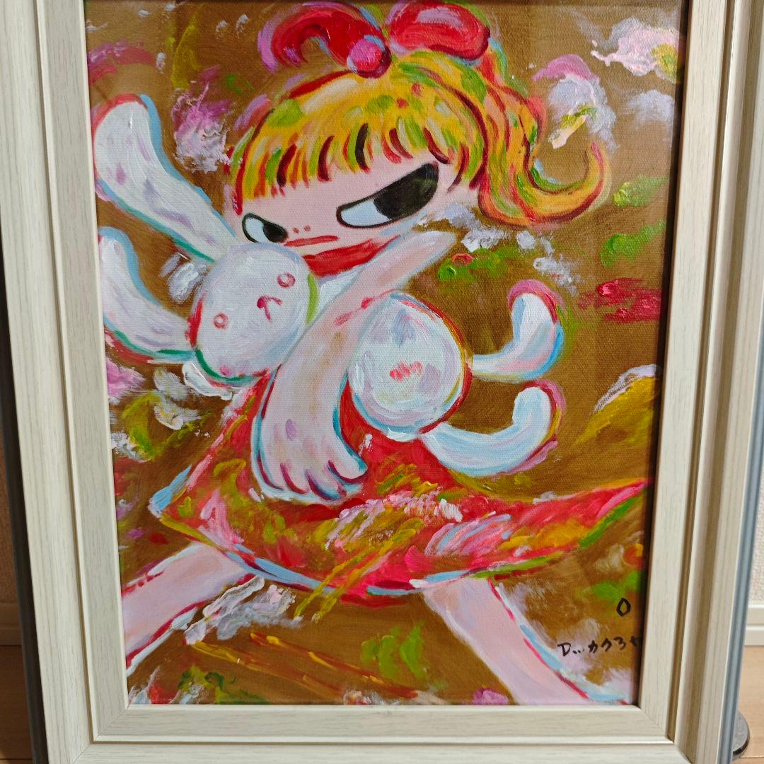 希少　ロッカクアヤコ　サイン入り　アクリル油彩画　額縁付き