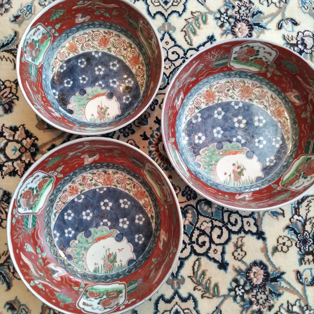 時代 色絵 三組 鉢 骨董 江戸 アンティーク 雪輪 古伊万里 大聖寺伊万里