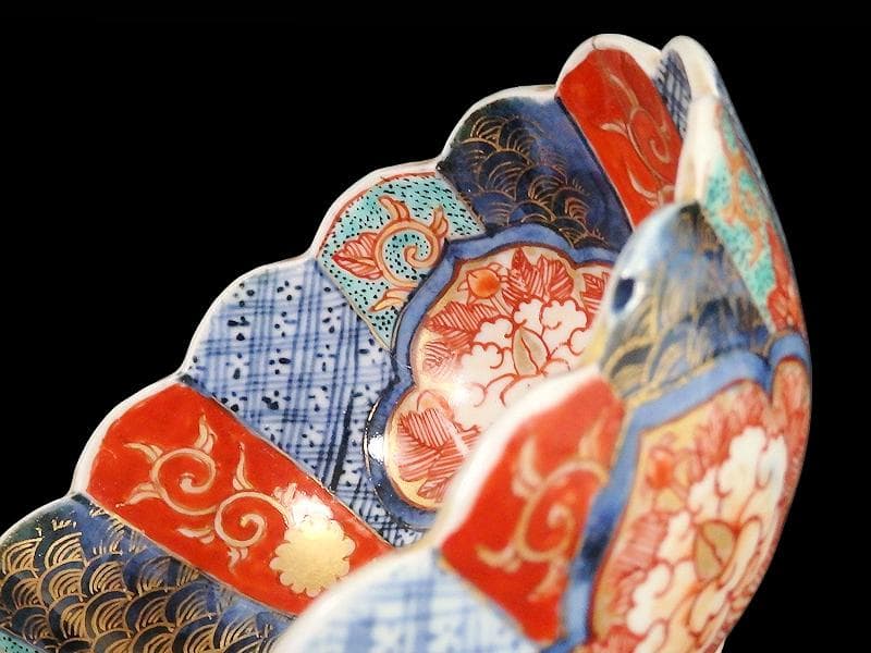 古伊万里　金襴手　窓絵　牡丹の図　輪花鉢　菓子鉢　E900AS-CUq